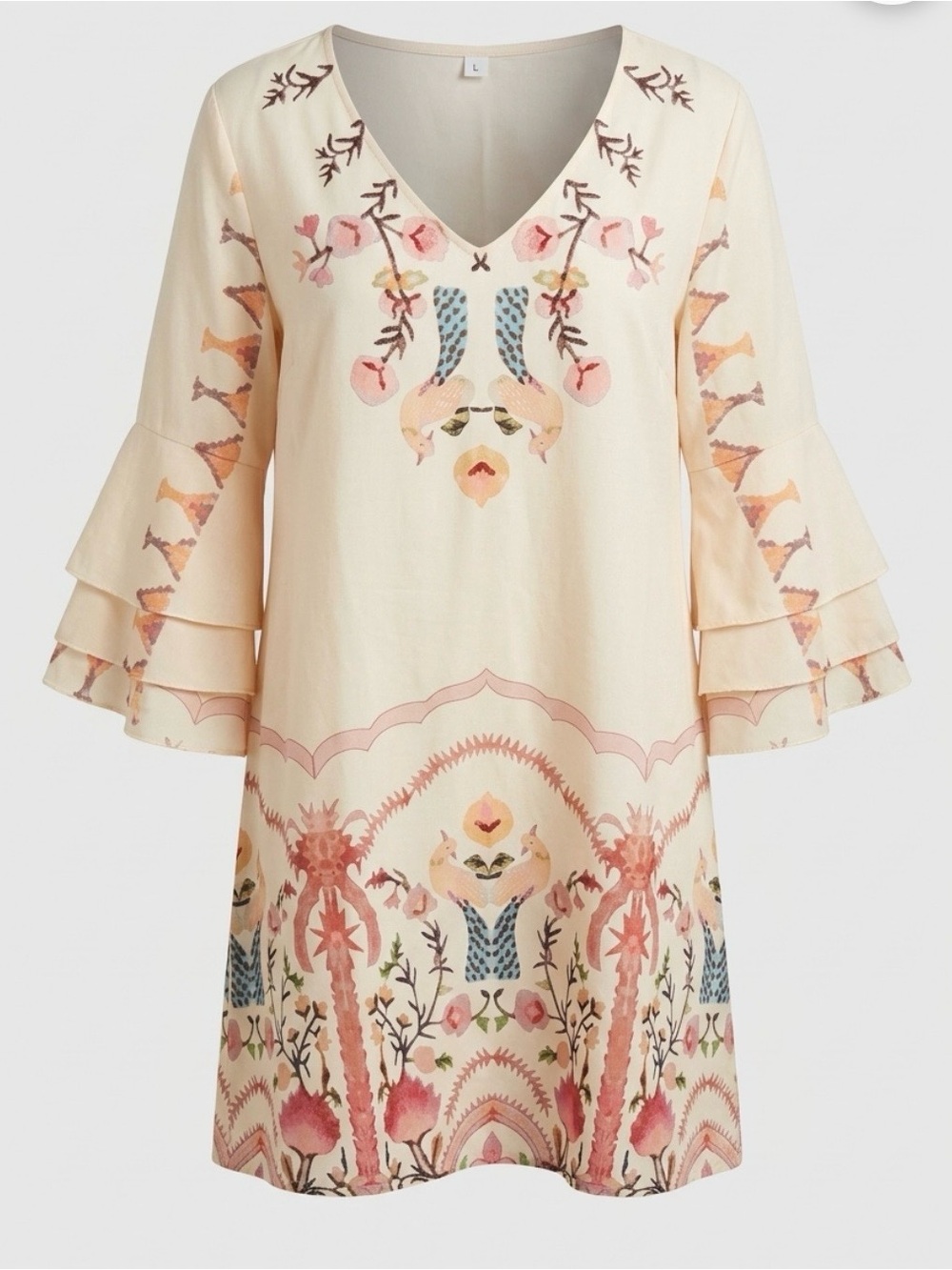 SHEIN Cream Floral V-Neck Tiered Sleeve Tunic Dress